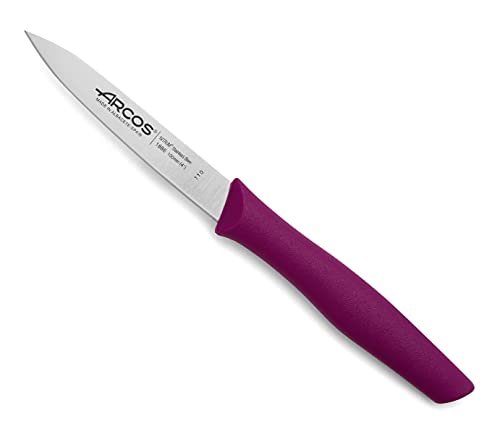Arcos Serie Nova, Cuchillo Mondador, Hoja de Acero Inoxidable de 100 mm, Mango de Polipropileno Color Fucsia