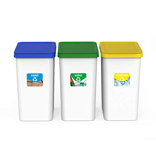 USE FAMILY Recycle. Papeleras Reciclaje 3 compartimentos 28L - 34 x 25 x 45 cm | Apto bolsas 30 L y Exterior | Fabricado con Plástico Reciclable. Cubos de basura ( Papel, Vidrio y Plastico)