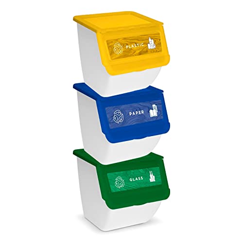 AC – Pack x3 - Organizador de plástico para reciclaje (Plástico – Vidrio – Papel). Contenedores apilables para el hogar, trabajo, etc. Cubos almacenaje. Cubo apilable con capacidad de 36L