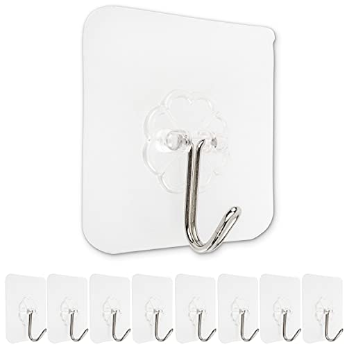 8 x Ganchos adhesivos transparentes, Sin costuras, Gancho multiusos para adherirse a puertas y paredes en baños, Cocinas, Garajes, Capacidad de carga máx. 4kg, Toallero autoadhesivo, gancho pared