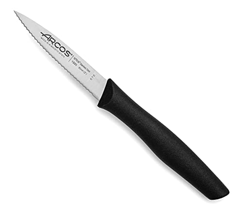 Arcos Serie Nova, Cuchillo Mondador, Hoja Serrada de Acero Inoxidable de 85 mm, Mango de Polipropileno Color Negro