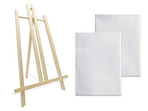 Caballete de madera para pintar con dos lienzos blancos preestirados ideal para soporte de lienzos pinturas óleo, acrílicas o exposición de cuadros (50CM)
