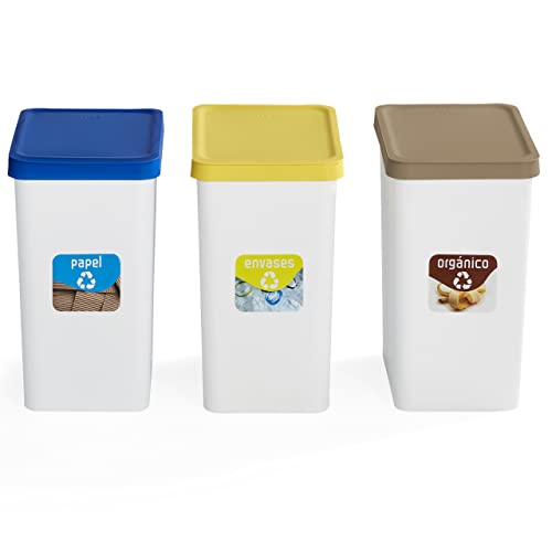 USE FAMILY - Lote 3 Cubos Reciclaje 28L - Reciclaje de Orgánico, Papel y Envases - Pepeleras con Pegatinas de Reciclaje - Apto para Bolsas 30 L - Cubos de Basura Ecológicos de Plástico Reciclable