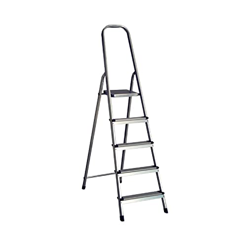 Escalera de Aluminio Plegable con 5 Peldaños Gris | Orion91 | Escalera Doméstica y Profesional | Escalera de Tijeras con Tacos Antideslizantes | Resistente y Larga 177x47x98cm