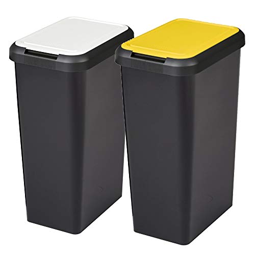 Tontarelli Set 2 Cubos de Reciclaje Touch&Lift 90 litros Color Negro con Tapa, Doble-Amarillo/Blanco