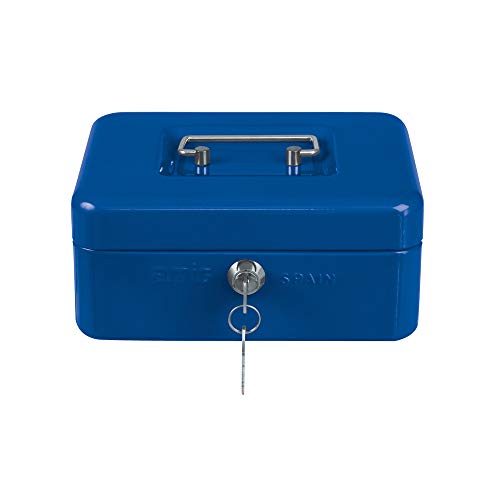 Amig - Caja de caudales | Caja de seguridad para dinero, billetes y monedas | Con bandeja portamonedas y 2 llaves | Color Azul | Acero | 150 x 110 x 70 mm