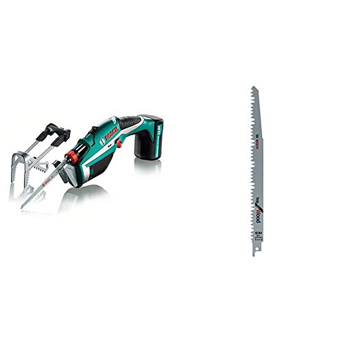 Bosch Keo - Sierra de poda a batería, hoja de sierra para madera, cargador de 3 horas + Bosch 2 608 650 676 Hojas de Sierra Sable S 1531 L, Gris, Set de 5 Piezas