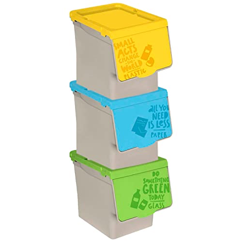 Tradineur - Pack de 3 contenedores apilables, polipropileno, cubos de basura, almacenamiento de residuos, fácil apertura, reciclaje (Papel, plástico y vidrio, 27 litros, 31,5 x 29,5 cm x 39,5 cm)