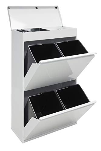 ARREGUI Top CR621-B Cubo de basura y reciclaje de acero de 4 cubos con bandeja superior multiusos, mueble de reciclaje, 4 x 17 L (68 L), blanco