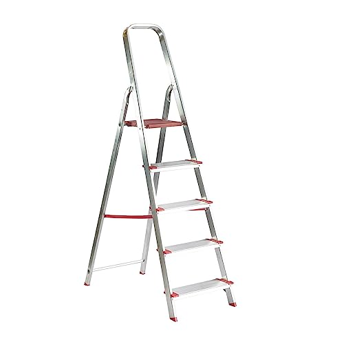 HOMELUX Escalera Doméstica 5 peldaños | Escalera Plegable Doméstica | Ancho del peldaño 12 cm, 5 Peldaños, 5.3 kg | Escalera Profesional | Escaleras de Aluminio | Escaleras Plegables Aluminio