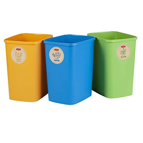 CURVER Eco Friendly Juego de 3 cubos de basura para sistema de reciclaje, cubos de plástico para papel, cristal y plástico (3 x 25 L)
