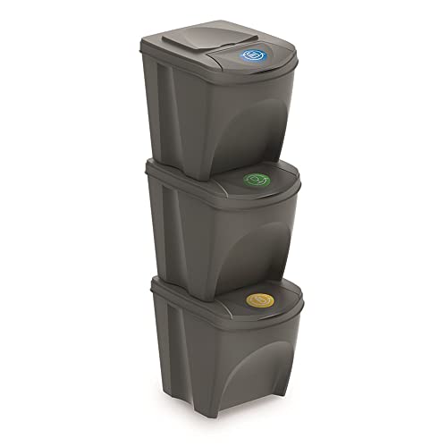 Juego de 3 cubos de reciclaje con capacidad de 75 litros de compartimento en color gris