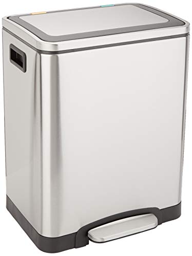 Amazon Basics Rectangle Soft-Close Trash Can with Double Inner Buckets, Plateado, 215L
