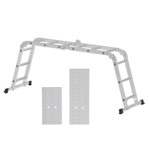 SONGMICS Escalera de Aluminio Multifuncional con 2 Placas Metálicas, Escalera Plegable, Carga de 150 kg, Plata GLT36M