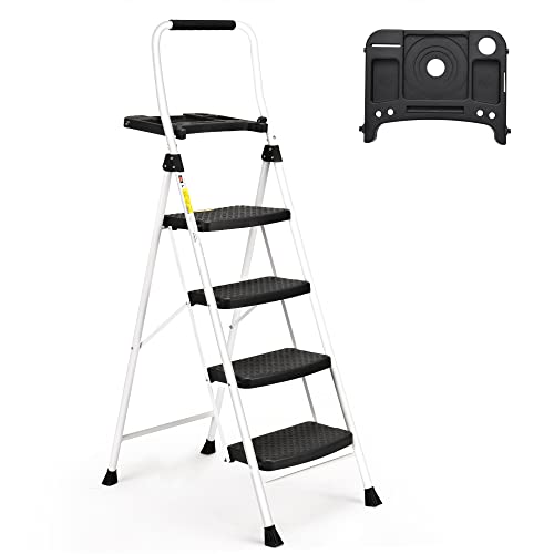 HBTower Escalera de 4 escalones, Taburete Plegable con Pedal Ancho Antideslizante, Escalera de Acero Resistente de 150 kg, Agarre cómodo, Taburete Ligero y portátil