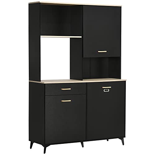 HOMCOM Alacena de Cocina Aparador de Comedor con 1 Cajón 3 Puertas y Almacenamiento Abierto Mueble Auxiliar para Microondas de Estilo Moderno 119x41x180 cm Negro
