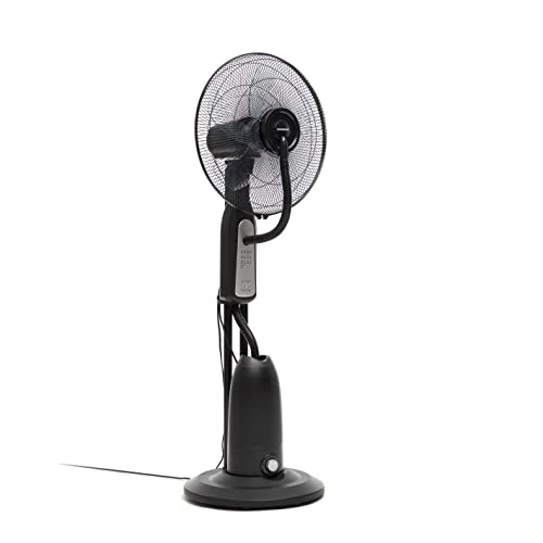 InnovaGoods® Ventilador Nebulizador de Agua con Mando a Distancia, ventilador multifunción Difusor de aromas, ventilador de pie Oscilante 80º, 3 Velocidades, Altura Ajustable y ruedas 360º