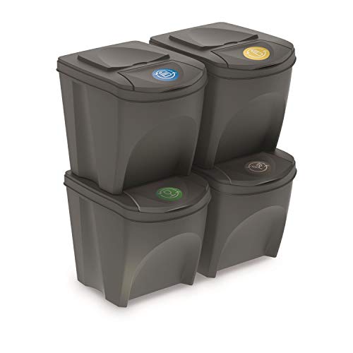 Prosperplast Juego de 4 cubos de reciclaje 100L Sortibox de plastico en color gris, 4x25L