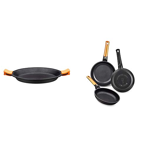 BRA Paellera, Negro, 40 cm + Efficient Orange Set de 3 sartenes, Aluminio Fundido, aptas para Todo Tipo de cocinas, 20-24-28 cm