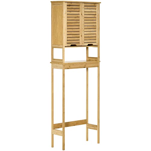 kleankin Mueble de Bambú sobre Inodoro Armario Alto para Lavadora con 2 Puertas 1 Balda Interior y 1 Estante de Almacenaje para Baño 60x23x173 cm Natural