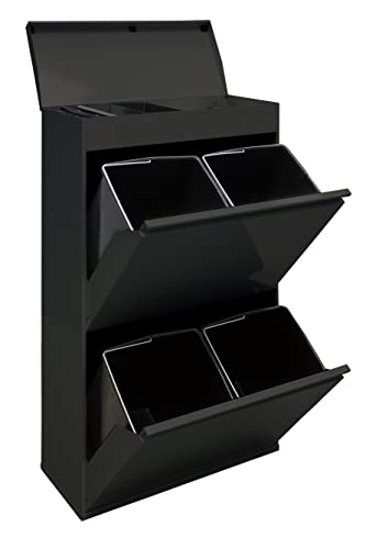 Arregui Top CR626-B Cubo de basura y reciclaje de acero de 4 cubos con bandeja superior multiusos, mueble de reciclaje, 4 x 17 L (68 L), negro