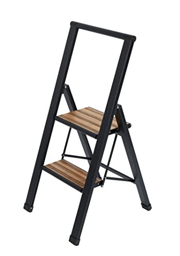 WENKO Escalera plegable en diseño de aluminio 2 peldaños negro - Escalera doméstica antideslizante, escalera de tijera de seguridad, Aluminio recubierto, 44 x 101 x 5.5 cm, Negro