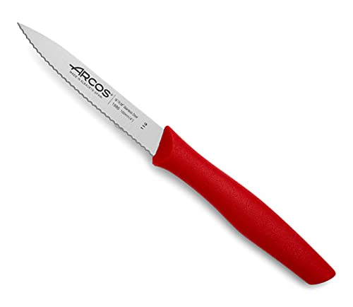 Arcos Serie Nova, Cuchillo Mondador, Hoja Serrada de Acero Inoxidable de 100 mm, Mango de Polipropileno Color Rojo