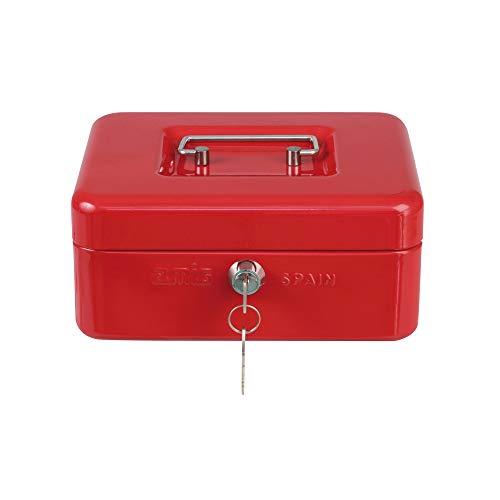 Amig - Caja de caudales | Caja de seguridad para dinero, billetes y monedas | Con bandeja portamonedas y 2 llaves | Color Rojo | Acero | 150 x 110 x 70 mm