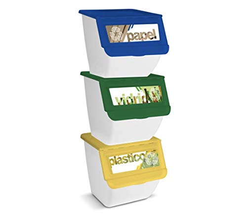 TIENDA EURASIA® Cubos de Basura de Reciclaje - Pack de 3 Contenedores de 36L Apilables (Papel - Vidrio - Plástico) - Ideal para Reciclar en Casa