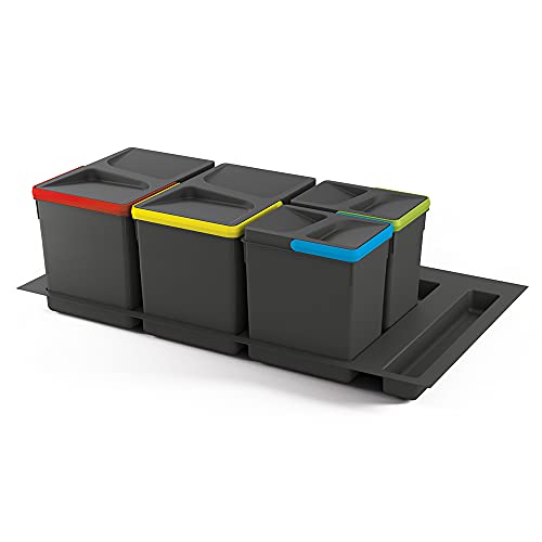 Emuca - Cubos de basura para cajón, cubos de reciclaje con base recortable, juego de contenedores alto 266mm con base 90cm