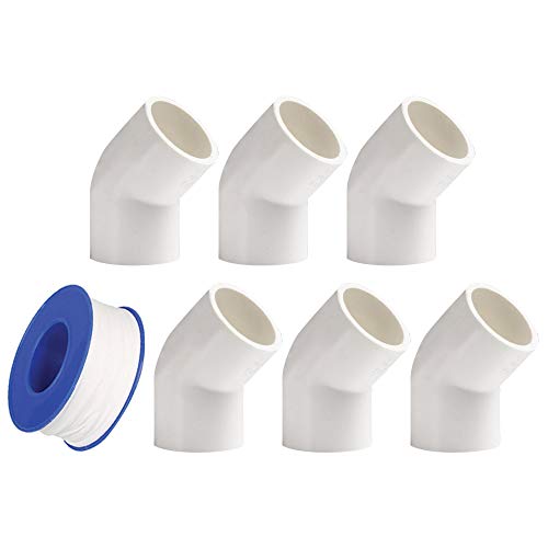 YOFASEN Kit de Accesorios de Tubo PVC de Plomería de 6 Piezas, 20mm - Conectores de Codo de 45 Grados para Tubería de Agua - Conector de Tubería de + Cinta de plomería