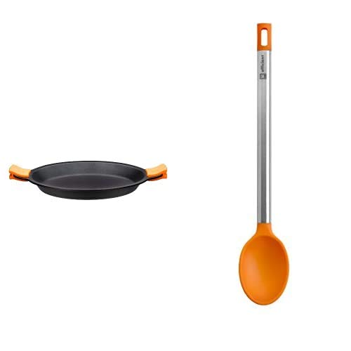BRA Paellera, Negro, 36 cm + Efficient Pinza de Cocina, Acero INOX, Nailon y Silicona, Naranja, 28.5 cm