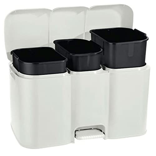 Acan Cubo para basura triple con tapa y pedal de color blanco de 41,5 x 59,5 x 30 cm con capacidad de 40 litros. Pequeño contenedor especial para reciclaje para hogar. 3 contenedores en 1.