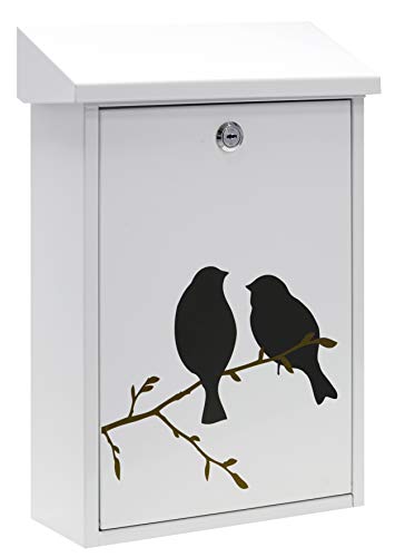 Arregui Premium Graphic E5601-BIR Buzón Individual de Acero con serigrafía decorativa Birds, blanco, Tamaño M (DIN A4) -40 x 27 x 11cm