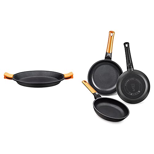 BRA Paellera, Negro, 36 cm + Efficient Orange Set de 3 sartenes, aluminio fundido con antiadherente tricapa libre de PFOA, para todo tipo de cocinas