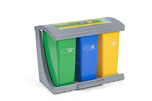 Contenedor de Reciclaje Sistema 3, Cubos de Reciclaje Retirables, 27,5 (Lt) Capacidad Cada Cubo, Plástico Polipropileno Resistente/Duradero, Color Gris - Domplex (785CI)