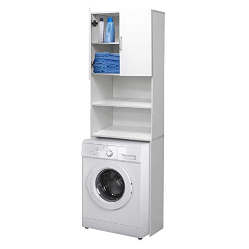 ECD Germany Mueble de lavadora - Blanco - 62,5 x 25 x 190 cm - Armario de baño para lavadora secadora Aseo WC - Estante aglomerado común - Compartimientos sobre Lavandería- Elegante - Fácil de montar