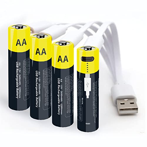 Type-C - Pilas recargables de litio AA, 1,5 V, USB de ion de litio AA recargables, 2600 mWh con cable de carga tipo C, carga rápida en 2 horas, (4 unidades (AA)…