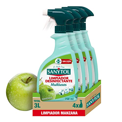 Sanytol - Limpiador Desinfectante Multiusos, Perfume Manzana - Pack de 4 x 750 Ml = 3L