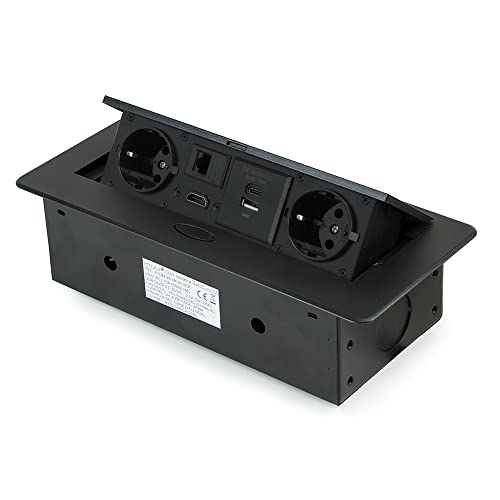 Emuca - Regleta multienchufe retráctil para empotrar en la Mesa, Base de enchufes multiconector (Enchufe EU Tipo F, USB A+C, RJ45 y HDMI), 265x120mm, Negro