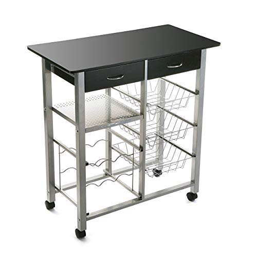 Versa 15810411 Carro verdulero de Cocina y botellero Negro de Metal, PVC y Madera con cajones y cestas con 4 Ruedas, 82 x 40 x 76 cm