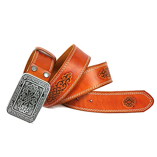 Mujeres de estilo vintage occidental Hombres Western Genuine Leather Birl Cowboy Casual grabado con correa de cinturón herramienta hebilla, 38 mm de ancho,Naranja,115cm/waist:38