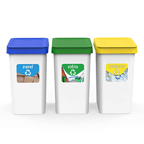 USE FAMILY Recycle. Papeleras Reciclaje 12L - 33x20x27 cm| Bolsas 10 L y Exterior | Plástico Reciclable. Cubos de basura ecologico ( Orgánico,Papel, Vidrio y Plastico) (3 Compartimentos)