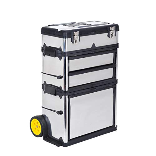 MEIJAIA - Caja de herramientas con ruedas y mango retráctil, 3 en 1, bandeja de almacenamiento extraíble – Caja de almacenamiento para baúl y armario, organizador de caja de herramientas de garaje