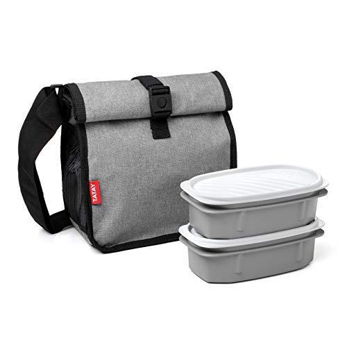 TATAY Urban Food Roll&Go Denim Grey - Bolsa térmica porta alimentos enrollable con 2 tápers herméticos incluidos, 4.2 l, tela, color gris jaspeado con tapers a juego, 22 x 11 x 22.5 cm