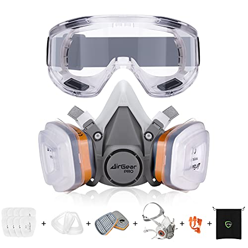 AirGearPro G-500 Máscara Respiratoria Reutilizable, Antipolvo, Antigás con Filtros y Gafas de Protección para Pintar, Construcción, Bricolaje, Lijado