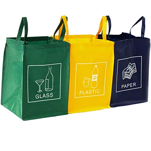 TRESKO Set de 3 Bolsas para Reciclar Basura | Sistema de Reciclaje para Vidrio, plástico y Papel