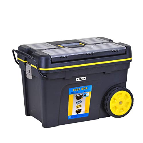 MEIJIA Caja de almacenamiento portátil para herramientas rodantes, organizadores con ruedas y bandeja desmontable, negro y amarillo, 62 x 37 x 42 cm