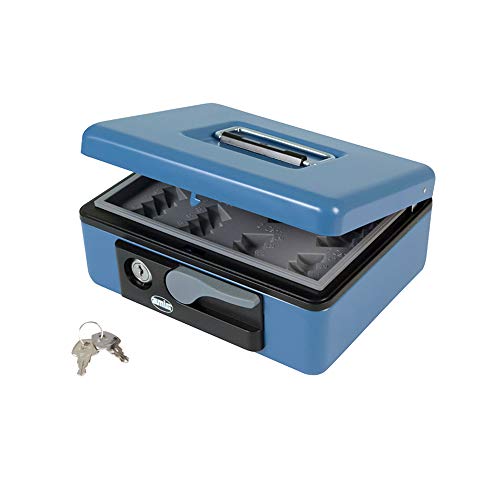 Amig - Caja de caudales | Caja de seguridad para dinero, billetes y monedas | Con bandeja portamonedas y 2 llaves | Color Azul | Acero | 230 x 185 x 80 mm