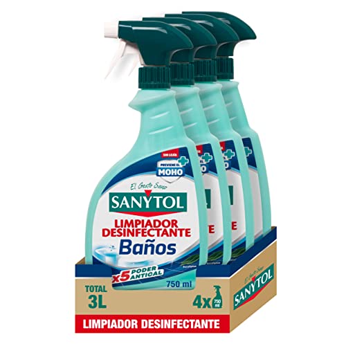Sanytol – Limpiador Desinfectante Antical Baños, Elimina Bacterias, Hongos y Virus Sin Lejía, Perfume Eucaliptus - Pack de 4 x 750 ML = 3L